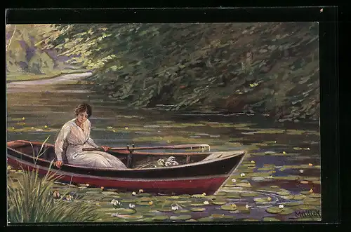Künstler-AK Alfred Mailick: Schöne Frau in einem Ruderboot sammelt Wasserrosen