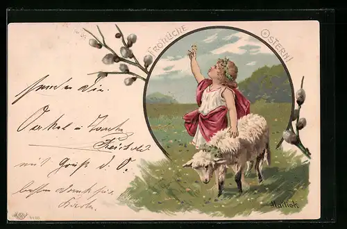 Künstler-AK Alfred Mailick: Kind mit Schmetterling auf der Hand und Schäfchen auf der Weide, Fröhliche Ostern