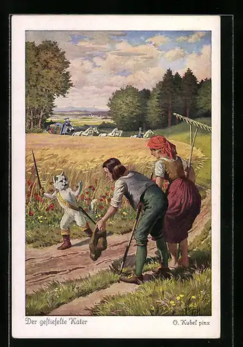 Künstler-AK Otto Kubel: Der gestiefelte Kater trifft zwei Bauern, Märchen