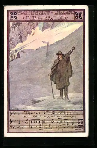 Künstler-AK Ernst Kutzer: Wanderer zeigt den Weg den Berg hinauf