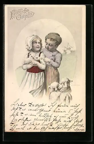 Künstler-AK R. Kratky: Junge und Mädchen mit einem Kaninchen und Lämmlein, Fröhliche Ostern