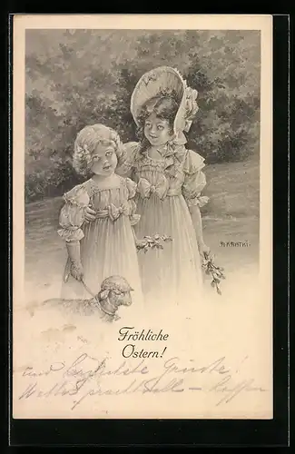 Künstler-AK R. Kratky: Zwei Mädchen mit einem Lämmlein, Ostergruss