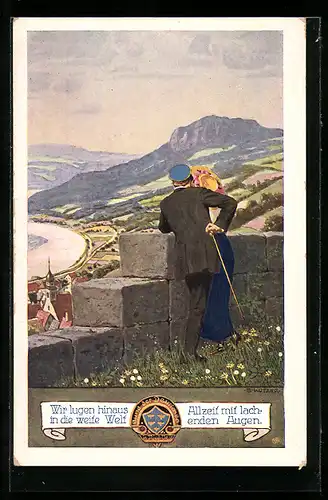 Künstler-AK Ernst Kutzer: Liebespaar blickt von einem Berg auf den Ort im Tal