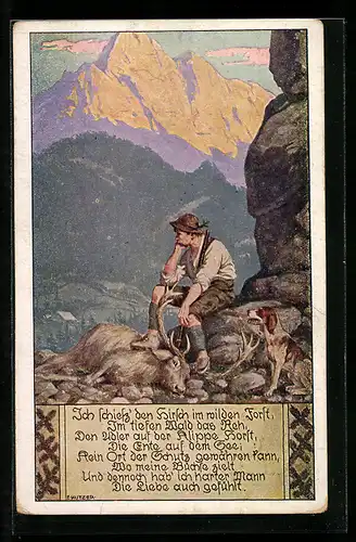 Künstler-AK Ernst Kutzer: Jäger sitzt neben seinem erlegten Hirsch, Jagdhund