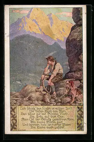 Künstler-AK Ernst Kutzer: Jäger sitzt neben seinem erlegten Hirsch, Jagdhund