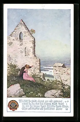 Künstler-AK Ernst Kutzer: Paar an einer Ruine schaut ins Tal