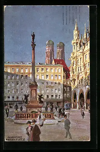 Künstler-AK Richard Wagner: München, Marienplatz mit Denkmal, Im Hintergrund Kirche