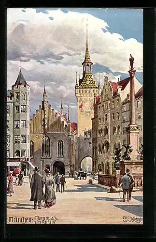 Künstler-AK Richard Wagner: München, Marienplatz und altes Rathaus mit Denkmal