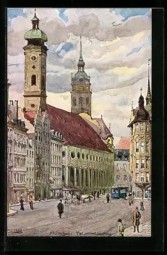 Künstler-AK Richard Wagner: München, Tal mit Heil. Geist-Kirche, Strassenbahn, Pferdegespann