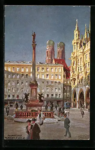 Künstler-AK Richard Wagner: München, Marienplatz mit Denkmal, Im Hintergrund Kirche