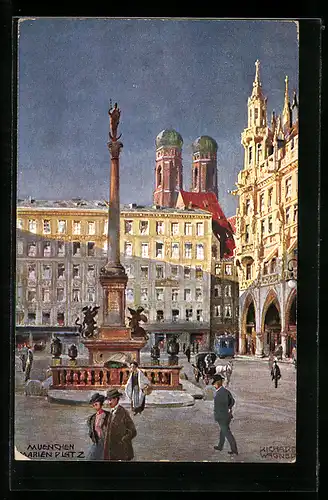 Künstler-AK Richard Wagner: München, Marienplatz mit Denkmal, Im Hintergrund Kirche