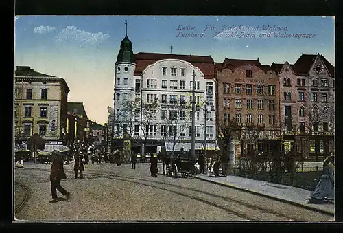AK Lemberg-Lwow, Halicki-Platz und Walowagasse, Plac Halicki i ul. Walowa, Kutsche, Menschen