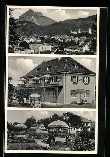 AK Füssen, Ortsansicht mit Allgäu, Hotel Haus Fritz Filser mit Gartenpartie