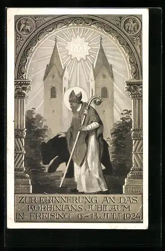 Künstler-AK Freising, Heiliger Korbinian mit Kirche im Hintergrund (Korbinians-Jubiläum 1924)