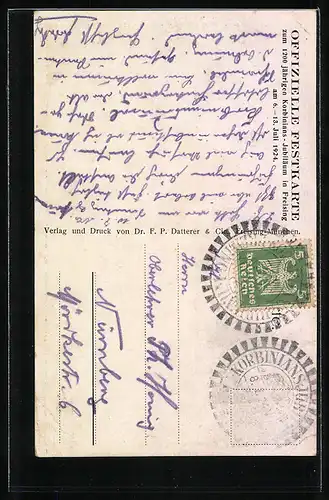 Künstler-AK Freising, Heiliger Korbinian mit Kirche im Hintergrund (Korbinians-Jubiläum 1924)