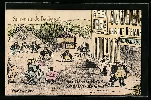 Künstler-AK Barbazan, Avant la Cure, Arrivage des 100 Kilogs