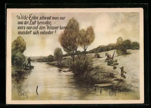 Künstler-AK Heinz Geilfus: Wilde Enten schiesst man nur..., Jäger mit Gewehr
