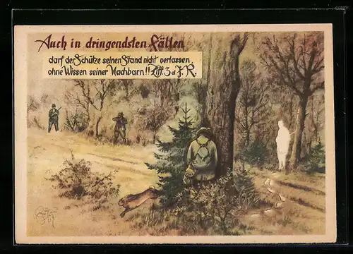 Künstler-AK Heinz Geilfus: Auch in dringendsten Fällen..., Jäger pinkelt gegen einen Baum