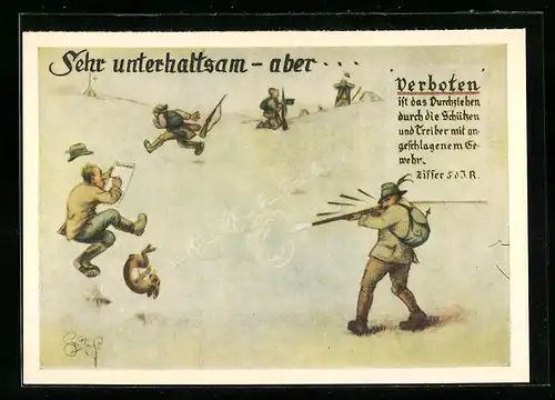 Künstler-AK Heinz Geilfus: Sehr unterhaltsam aber...verboten, Jäger mit Gewehr, Jagdhumor