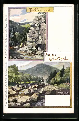 Künstler-AK H. Bahndorf: Okerthal, Teufelskanzel, Ortspartie