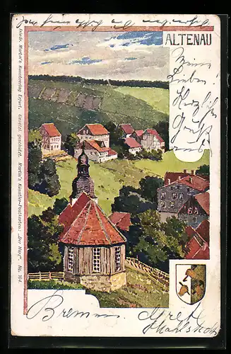 Künstler-AK H. Bahndorf: Altenau, Ortspartie mit Kapelle