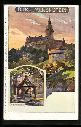 Künstler-AK H.Bahndorf: Pansfelde, Blick zur Burg Falkenstein, Schlossbrunnen