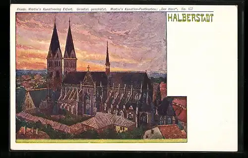 Künstler-AK H. Bahndorf: Halberstadt /Harz, Kirche bei Sonnenuntergang
