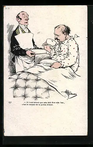 Künstler-AK Albert Guillaume: Diener bringt Mann Tee ans Bett