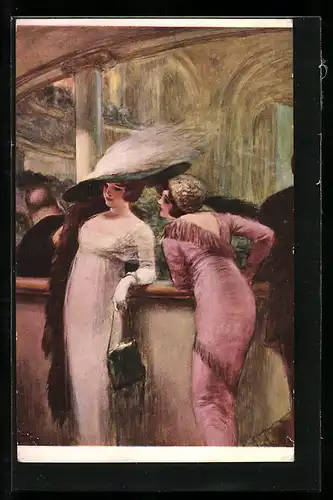Künstler-AK Albert Guillaume: Zwei Damen in rosafarbenen Kleidern