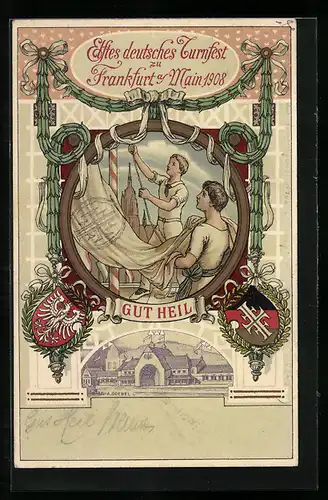 AK Frankfurt am Main, Kinder ziehen die Fahne hoch zum 11. deutschen Turnfest