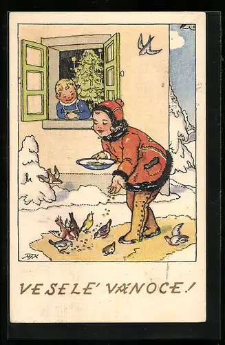 Künstler-AK M. Fischerova-Kvechova (MFK): Mädchen füttert die Vögel im Winter, Weihnachtsgruss