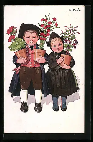 Künstler-AK P. O. Engelhard (P.O.E.): Kinder mit Blumentöpfen