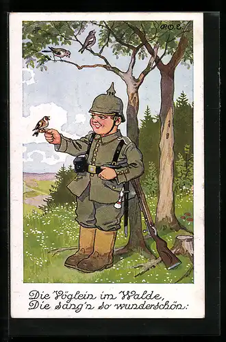 Künstler-AK P. O. Engelhard (P.O.E.): Kleiner Soldat mit Vögeln im Wald