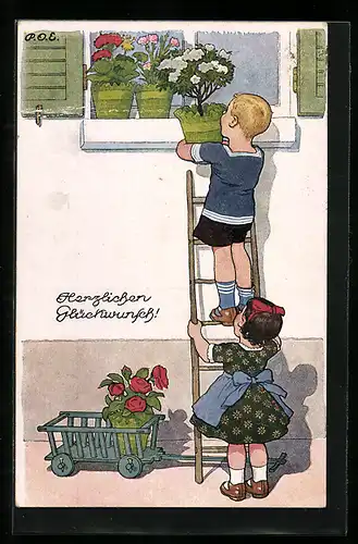 Künstler-AK P. O. Engelhard (P.O.E.): Kinder mit Blumentöpfen am Fenster, Glückwunsch