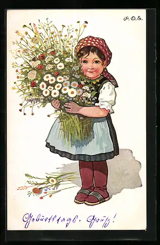 Künstler-AK P. O. Engelhard (P.O.E.): Mädchen hält grossen Blumenstrauss in den Händen, Glückwunsch zum Geburtstag