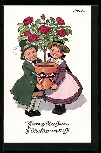 Künstler-AK P. O. Engelhard (P.O.E.): Junges paar trägt einen grossen Topf mit Rosenstrauch
