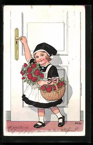 Künstler-AK P. O. Engelhard (P.O.E.): Die besten Neujahrsgrüsse, Mädchen als Hausmädchen mit Rosenkorb