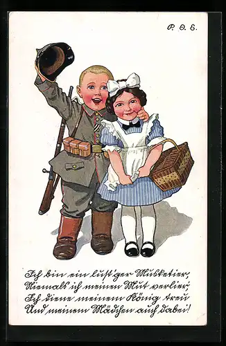 Künstler-AK P. O. Engelhard (P.O.E.): Kleiner Soldat mit Dienstmädchen