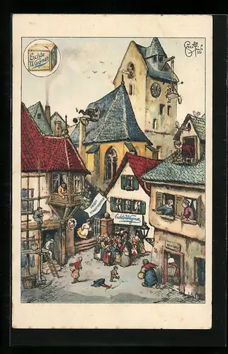 Künstler-AK Heinz Geilfus: Schlange vor dem Wagner-Butter-Geschäft, Reklame