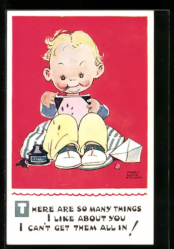 Künstler-AK Mabel Lucie Attwell: kleiner Junge einen Brief schreibend