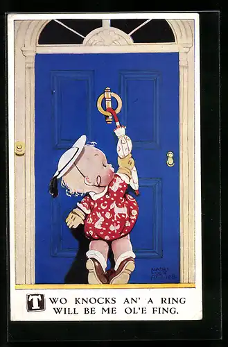 Künstler-AK Mabel Lucie Attwell: Tow knocks an` a ring..., Kleines Kind mit Schirm an der Tür
