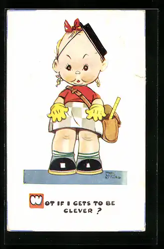 Künstler-AK Mabel Lucie Attwell: Kleines Mädchen mit Schultasche