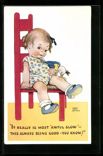 Künstler-AK Mabel Lucie Attwell: kleines Mädchen mit Puppe, traurig auf einem Stuhl sitzend