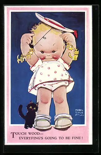 Künstler-AK Mabel Lucie Attwell: Kleinkind mit Kopfbedeckung und Katze