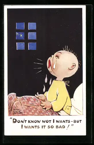 Künstler-AK Mabel Lucie Attwell: schreinendes Kind im Bett sitzend