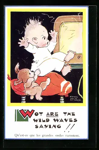 Künstler-AK Mabel Lucie Attwell: Radiosendung, Kind und Hund erschrecken sich