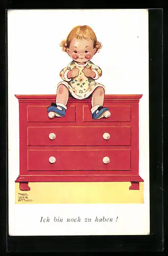 Künstler-AK Mabel Lucie Attwell: Ich bin noch zu haben!, Mädchen sitzt auf einer Kommode