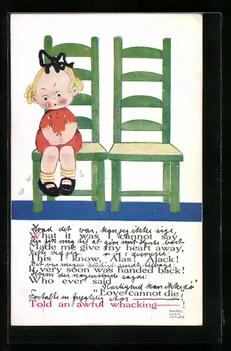 Künstler-AK Mabel Lucie Attwell: Wer kommt an meine grüne Seite?, Weinendes Mädchen auf Stuhl