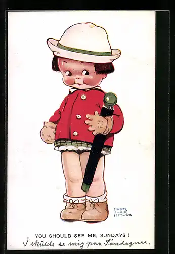 Künstler-AK Mabel Lucie Attwell: You should see me, Sundays!, Kind in roter Jacke mit Schirm