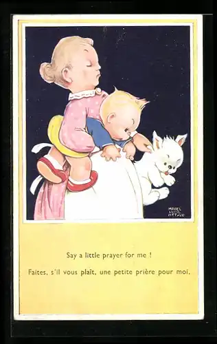 Künstler-AK Mabel Lucie Attwell: Say a little prayer for me!, Frau mit Hund und Kind unterm Arm